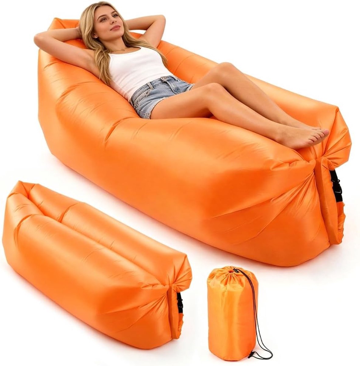 Opblaasbare Sofa 235 x 72 cm, Draagbare Luchtbank met Comfortabele Kussen, Waterdicht en Ideaal voor Kamperen, Strandfeesten en Buitenactiviteiten