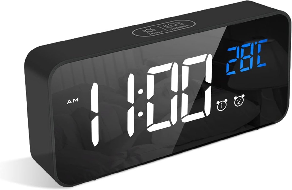 Digitale Wekker met LED Display - Wekker voor Slaapkamer met Spiegelontwerp - Dubbel Alarm met Snooze Functie - USB Wekker - Zwart