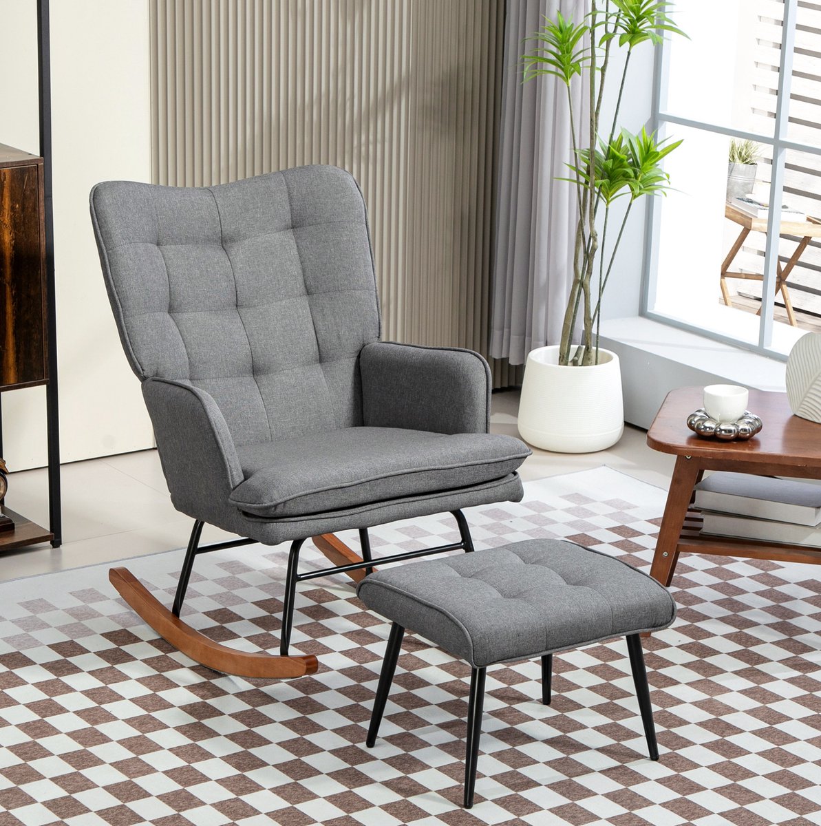 MIVRAY Schommelstoel 64 x 89 x 90 cm - Met Hocker En Armleuningen - Voor Ontspannen En Lezen - Polyester In Linnenlook - Donkergrijs