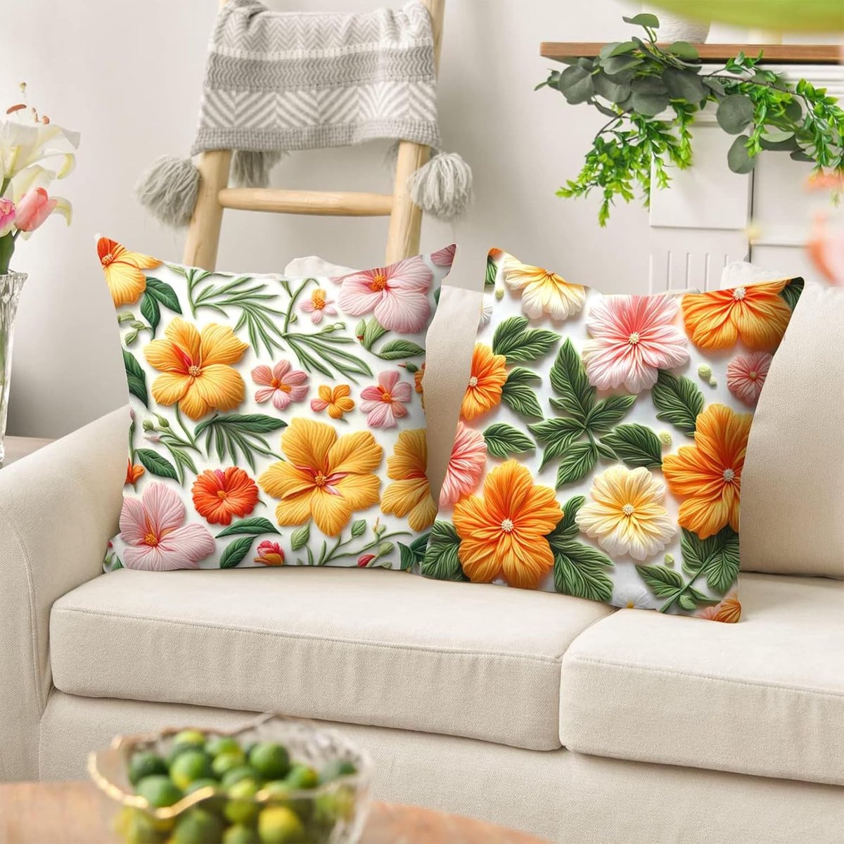Set van 2 Kussenhoezen 45x45 cm met Bloemenpatroon voor Sofa en Stoelen, Perfecte Woondecoratie en Comfortabele Kussens