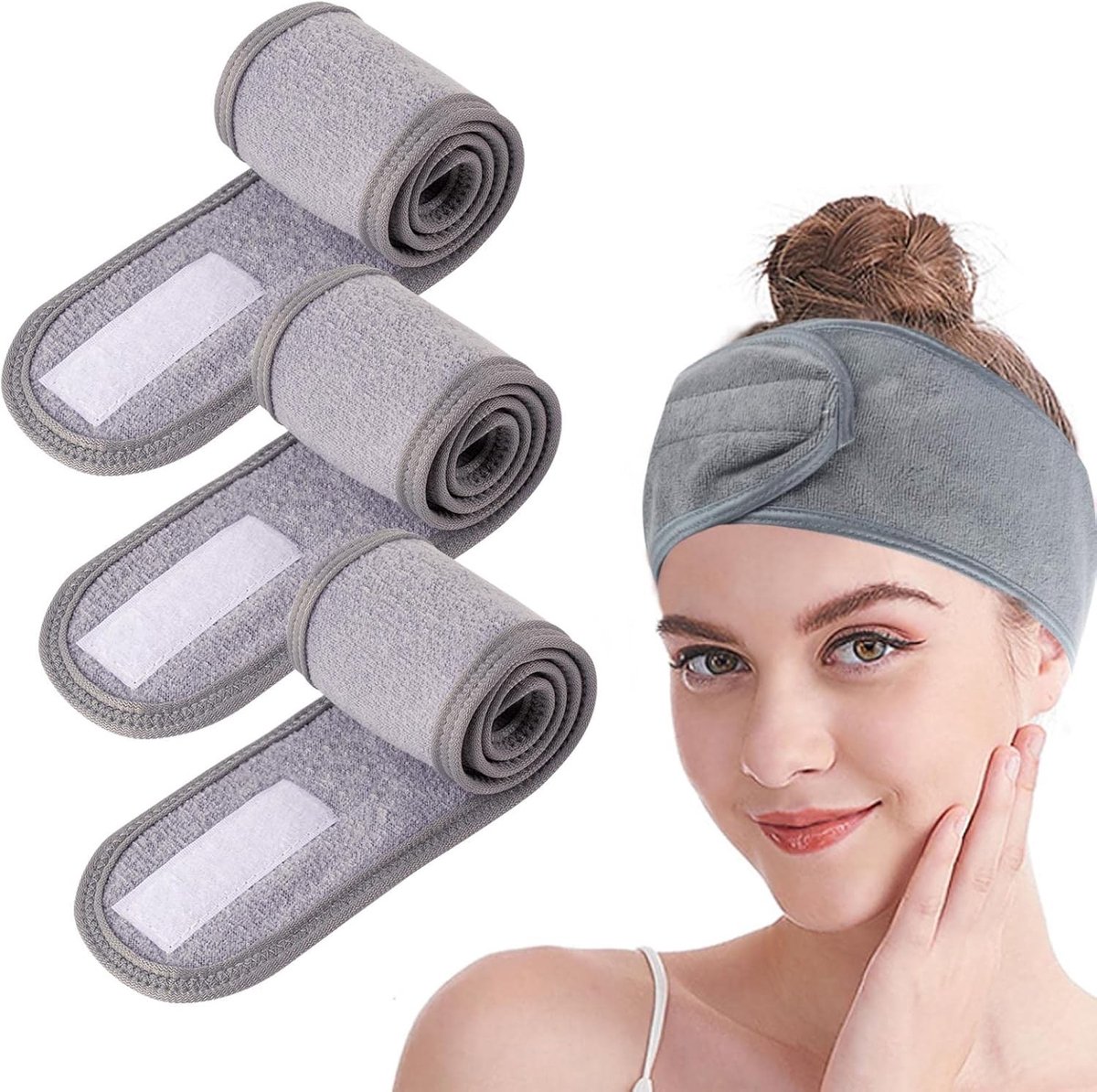 Verstelbare Grijze Spa Gezichtsband voor Vrouwen - Zachte en Ademend Haarband voor Make-up, Yoga, Douche en Huidverzorging - 4 Stuks