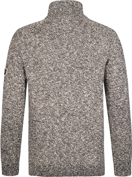 Achterkant van een gemêleerde blauw-witte trui met rits en logo op de mouw.