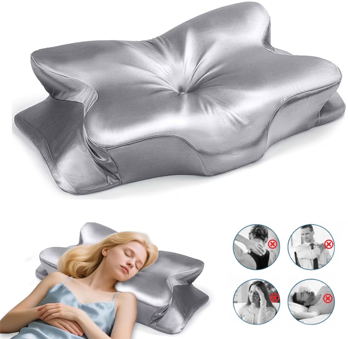 Orthopedisch kussen - Slaapkussen van traagschuim - Ergonomisch kussen - Orthopedisch kussen geschikt voor slapen op de buik, rug en zij - Verbetert de slaapkwaliteit - Vlinderkussen - IJszijden kussen - Neksteunkussen - Vlinderkussen - Zilvergrijs