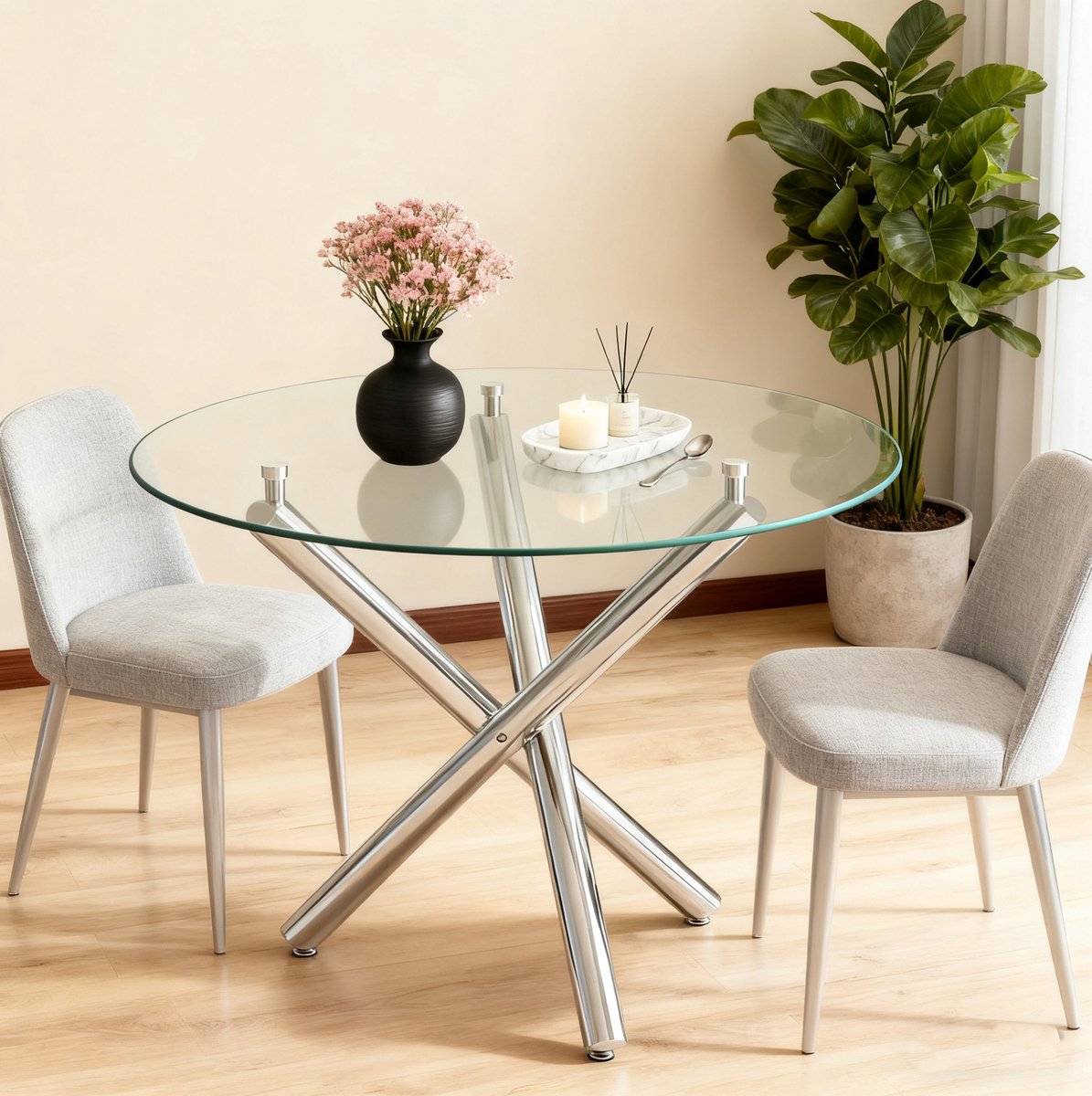 FloraGrace Eettafel - Ronde Tafel Van Gehard Glas Met Metalen Kruispoot - Voor Eethoek En Woonruimte - Zilver - 80x80x77 Cm