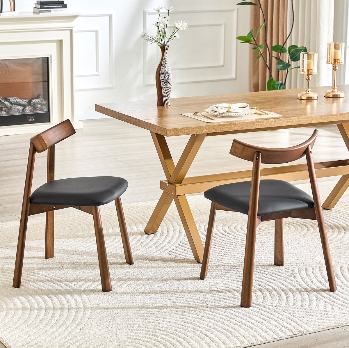 FloraGrace Eetkamerstoel – Set Van 2 – Ergonomische Rugleuning En Gewatteerde Zitting – Voor Eetkamer Of Keuken – Hout En Kunstleer – Zwart Bruin