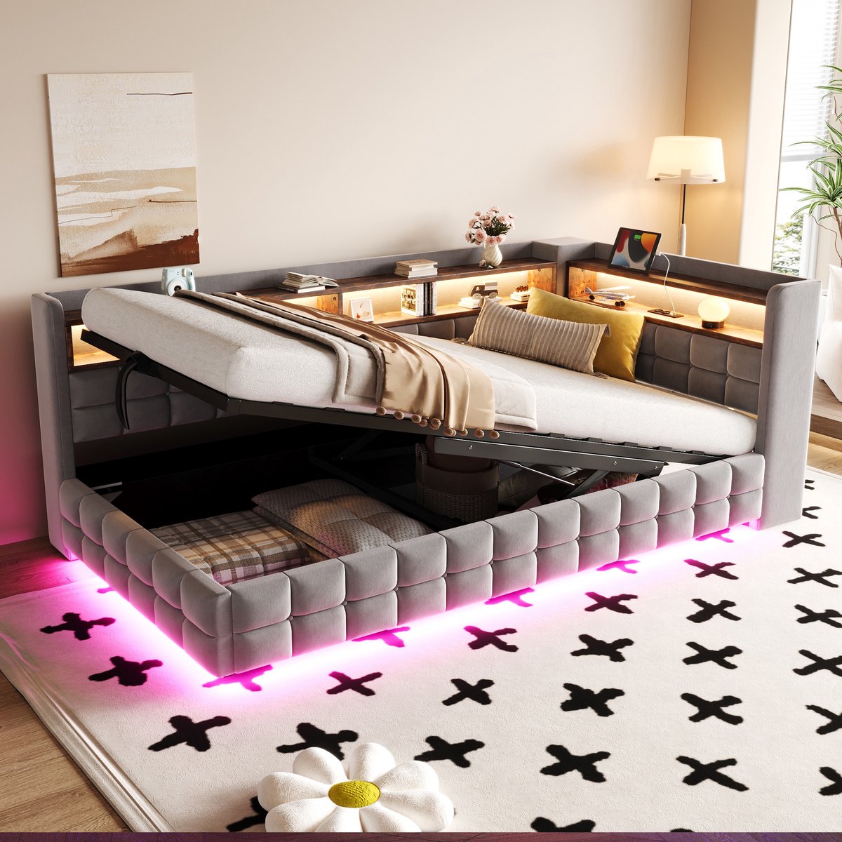 Slaapbank 90x200 cm - met opbergruimte - LED-verlichting - stopcontact - USB- en Type-C-oplaadpoorten - lichtgrijs - zonder matras