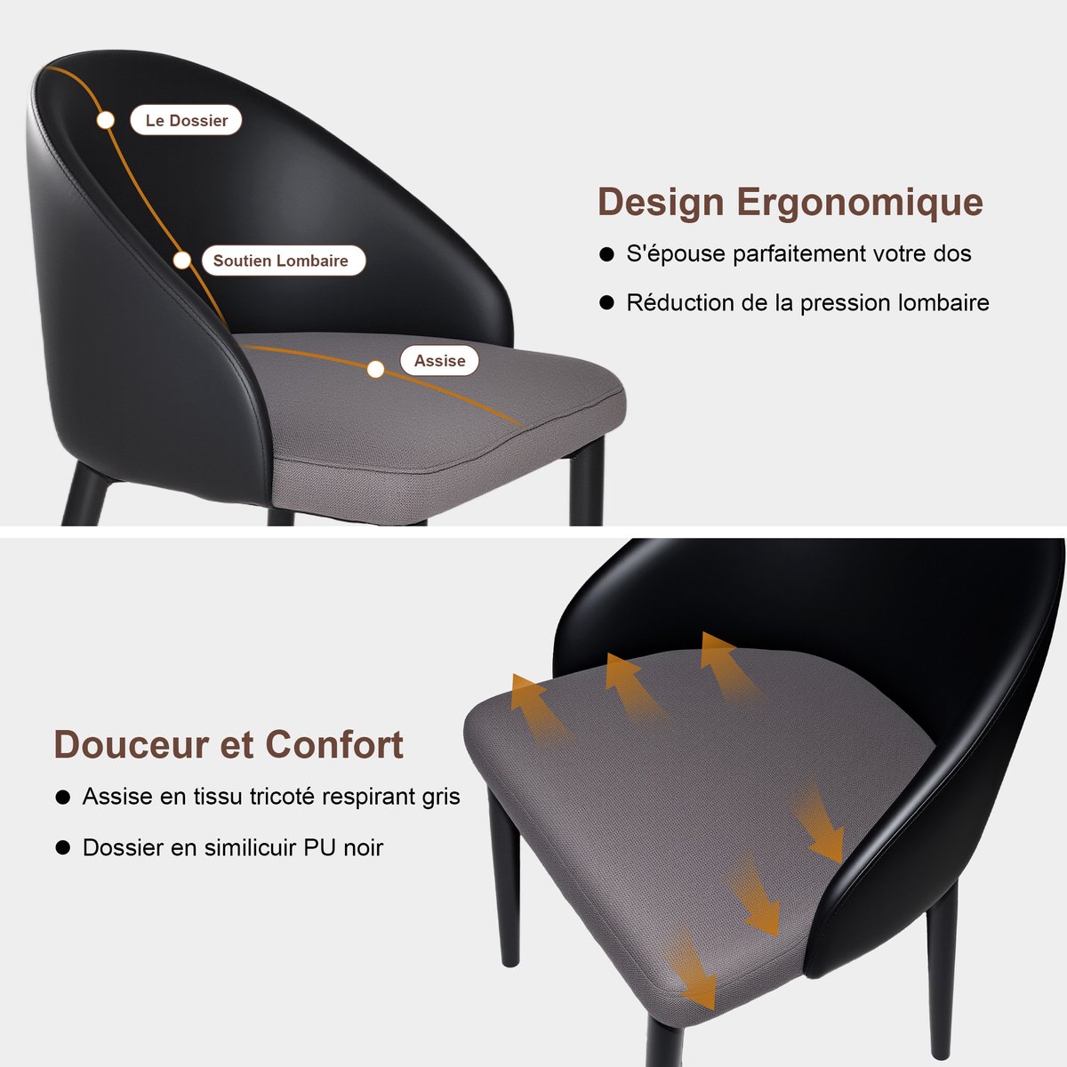 OKWISH Eetkamerstoel Set Van 2 - Moderne Kuipstoel Met Ergonomische Rugleuning En Ademend Zitting - Voor Eetkamer En Woonkamer - Metaal - Grijs