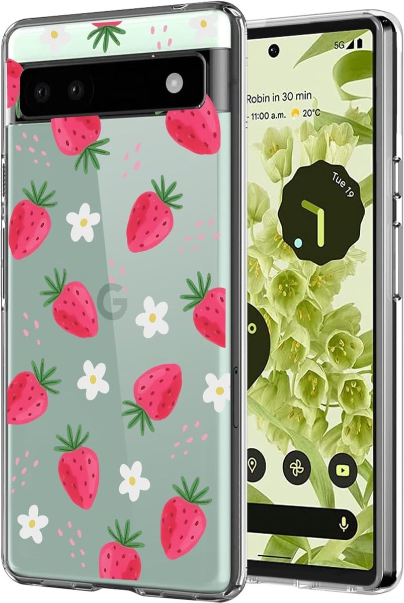 Ultra Dun Transparante Telefoonhoes voor Google Pixel 6a - Zachte Silicone TPU Bescherming met Aardbeienbloem Motief, Schokbestendig en Antislip voor Dames