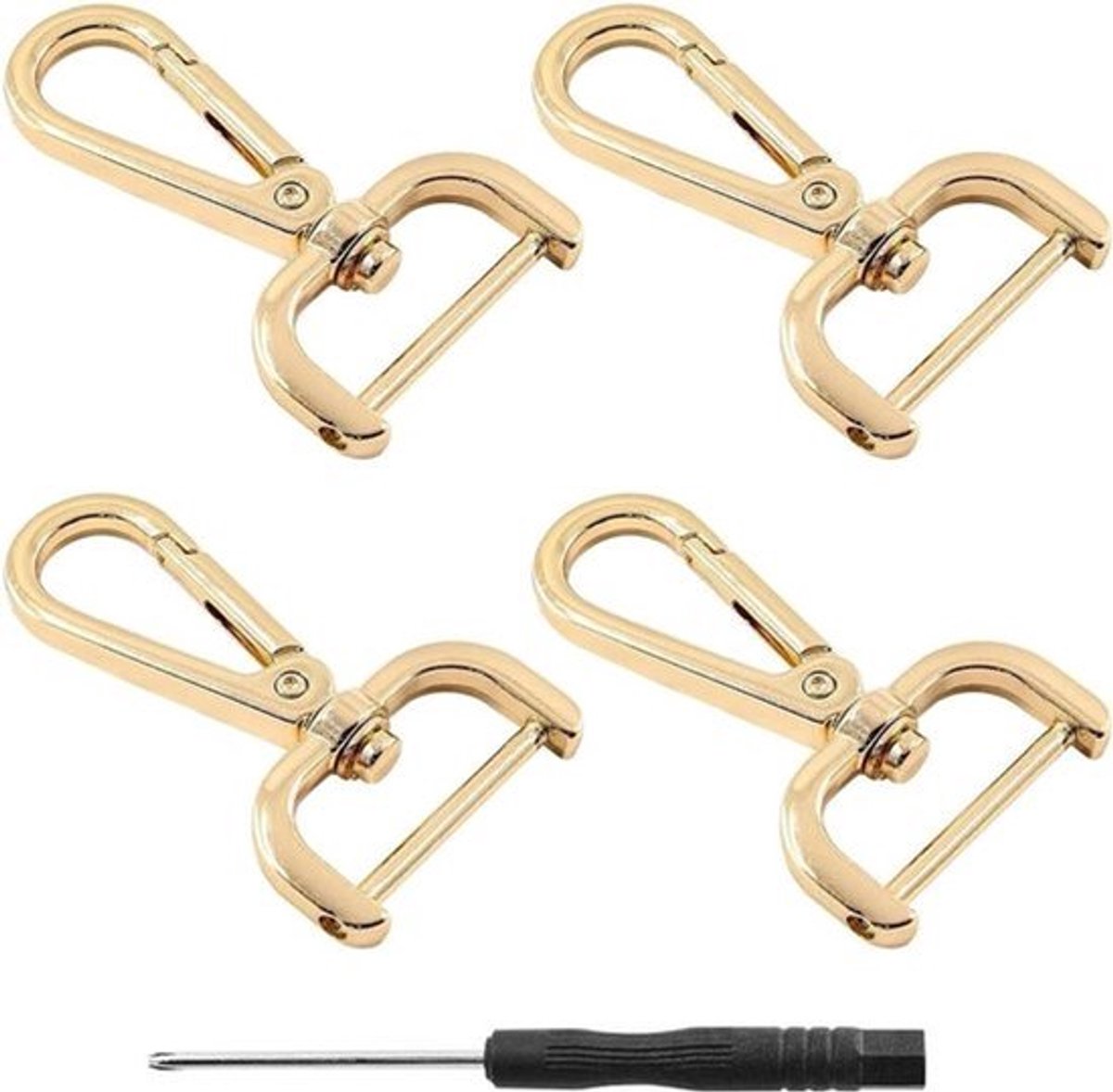 Set van 4 draaibare metalen clips met kreeftklauw en 1 kleine schroevendraaier - goudkleurig