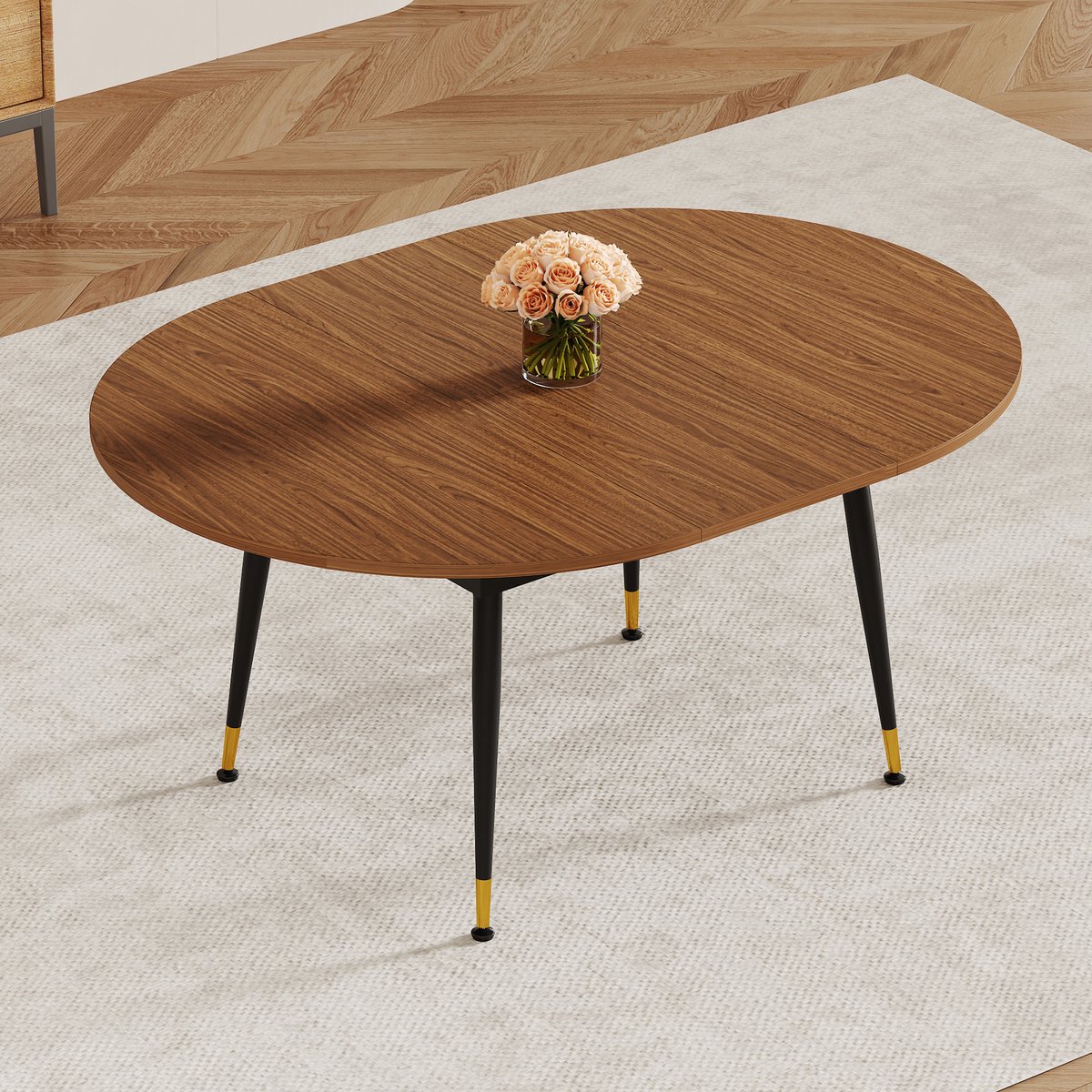 FloraGrace Eettafel - Uitschuifbaar Ovaal Ontwerp Voor 6 Tot 10 Personen - Voor Eetkamer, Keuken Of Werkruimte - MDF En Metaal - Walnoot En Zwart