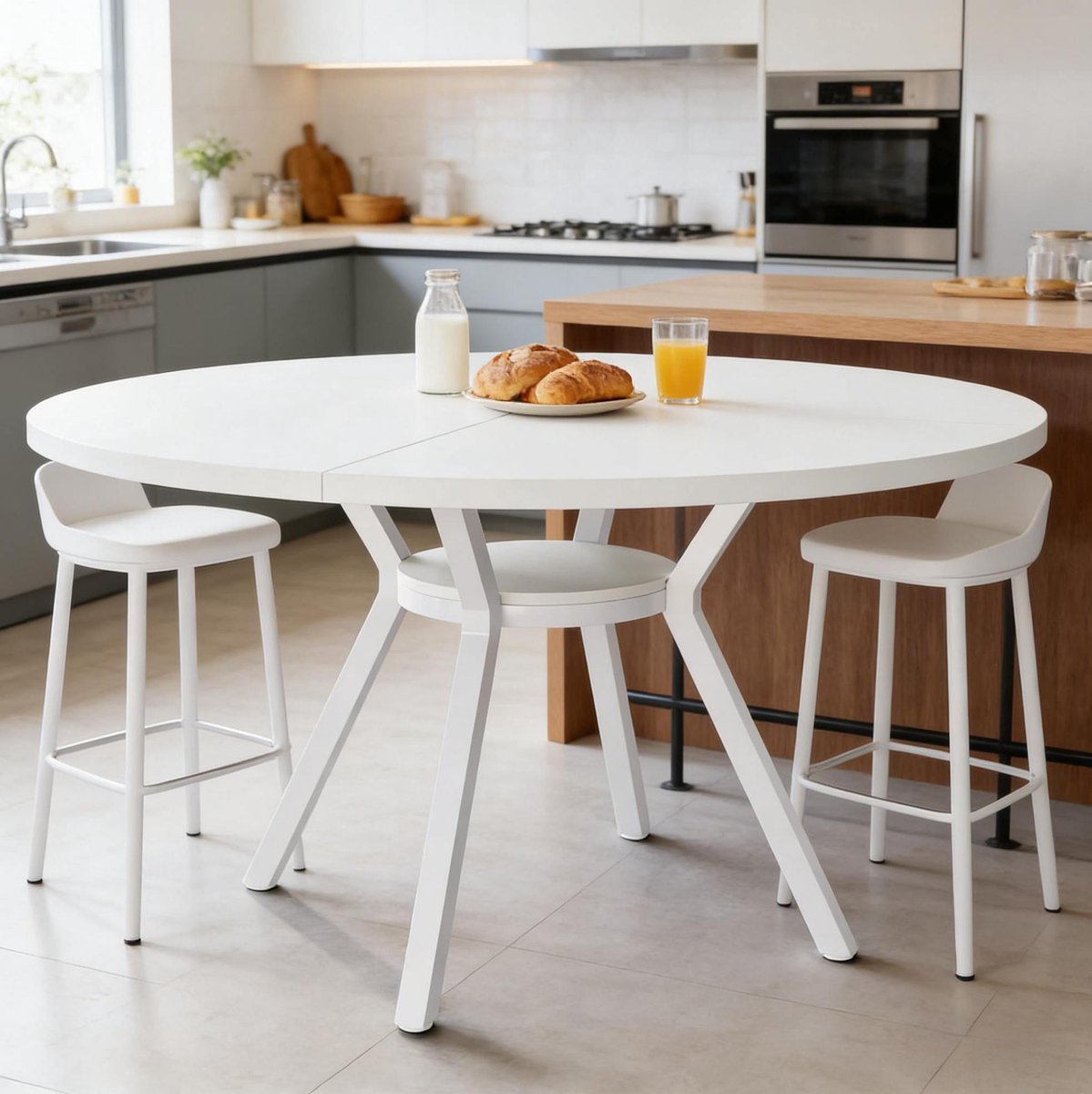 FloraGrace Eettafel - Ronde Keukentafel Voor 4 Tot 6 Personen - Modern Voor Eetkamer Keuken Of Ontvangstruimte - Metaal En Hout - 120 Cm - Wit