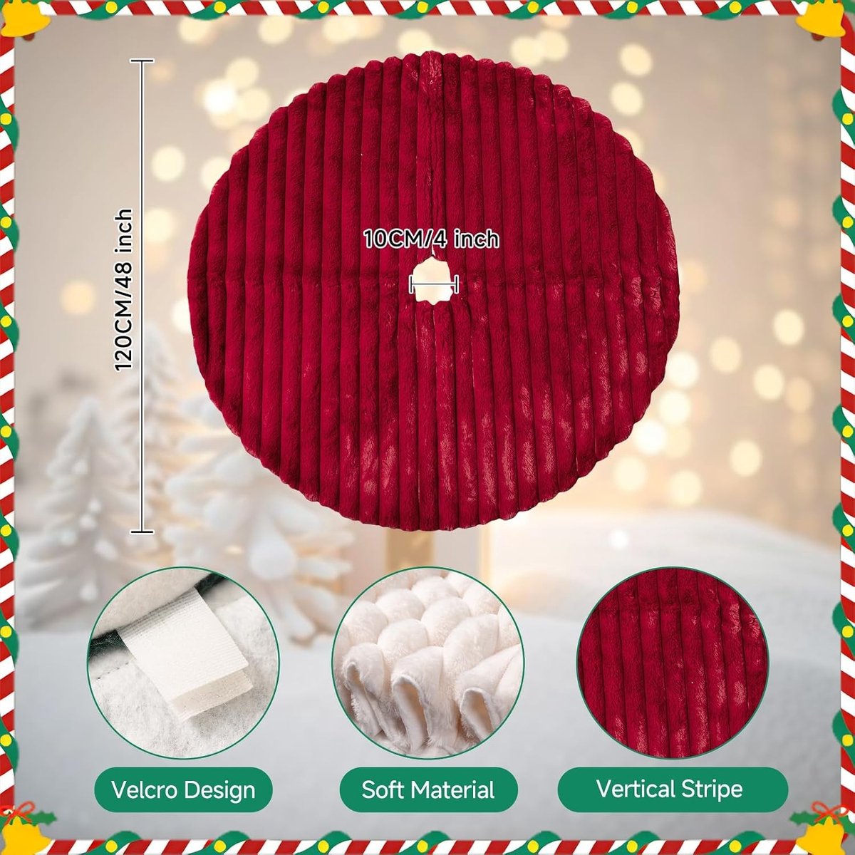 Kerstboomrok 120 cm, Gestreepte Pluche Rok voor Kerstboom, Kerstdecoratie, Kerstboomdeken en Basisbedekking voor Grote Kerstbomen, Winterse Feestdagen Binnen