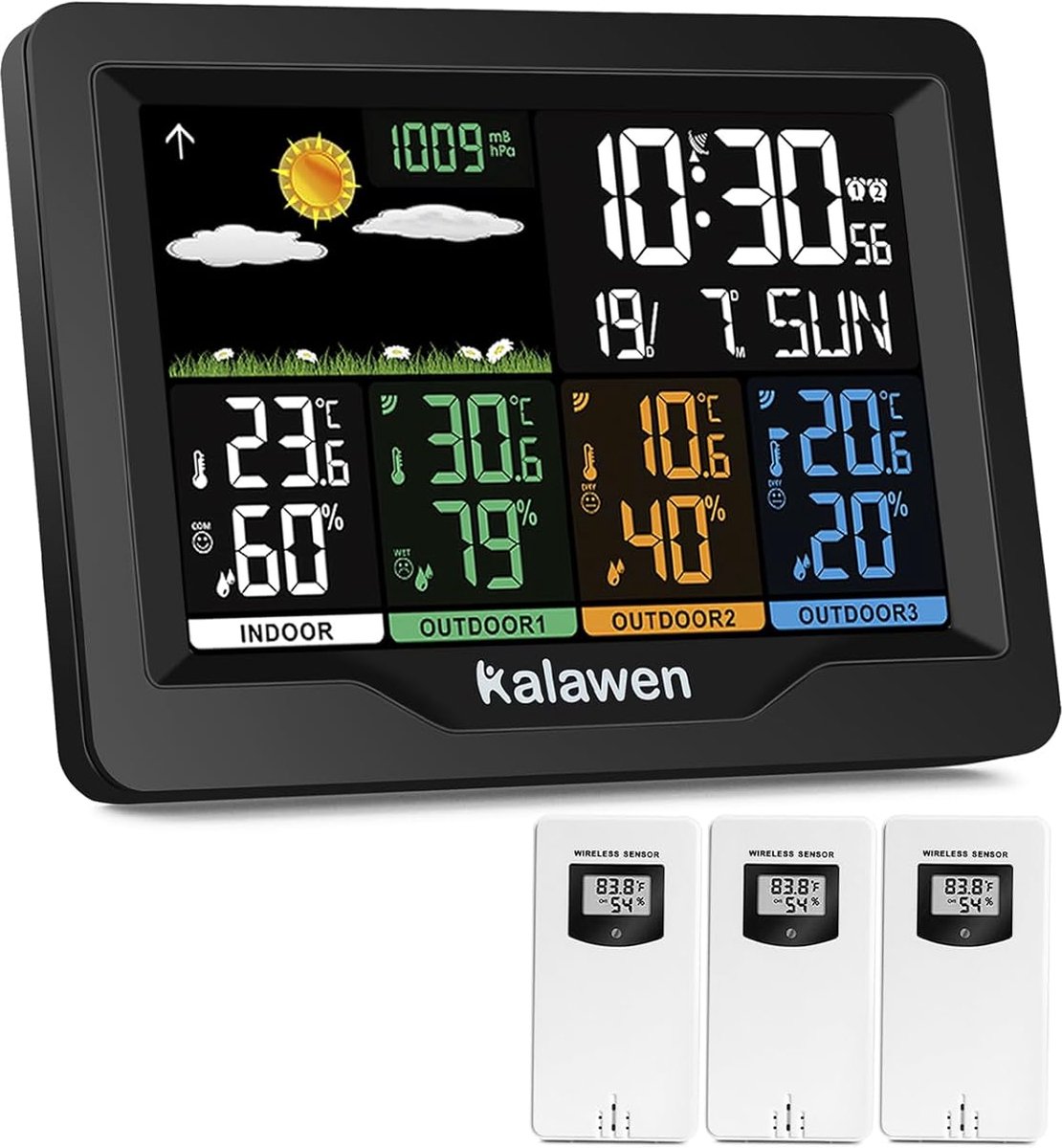 Thijox - Weerstation met 3 Buitensensoren, Draadloos, Multifunctioneel, Kleurendisplay, Digitale Thermometer en Hygrometer, DCF-Radioklok voor Thuis,