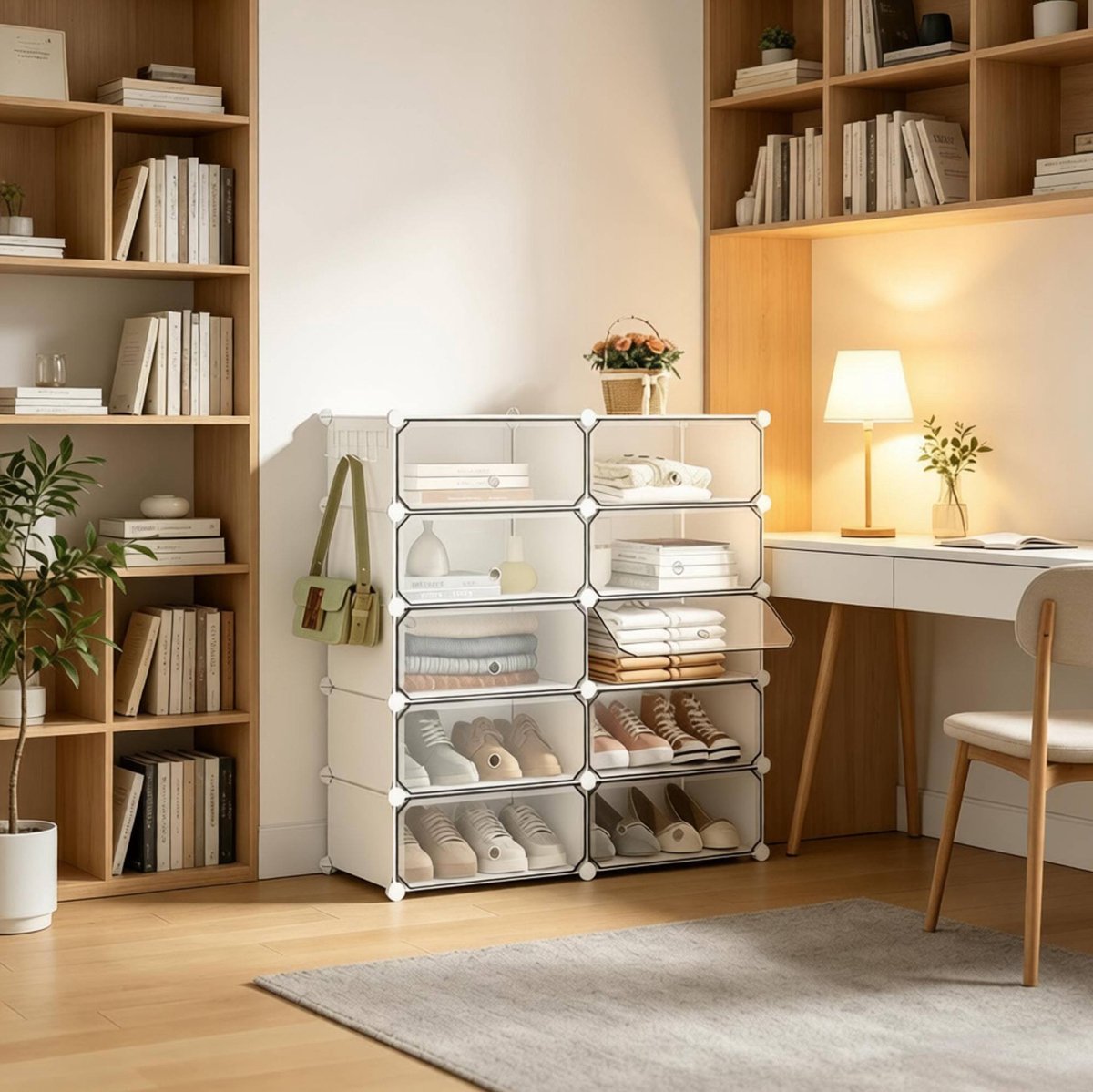 OKWISH Schoenenkast – Modulair Staand Rek – 40 x 30 x 170 cm – 10 Vakken – Voor Ca. 20 Paar Schoenen – Met Deuren – Kunststof En Metaal Wit