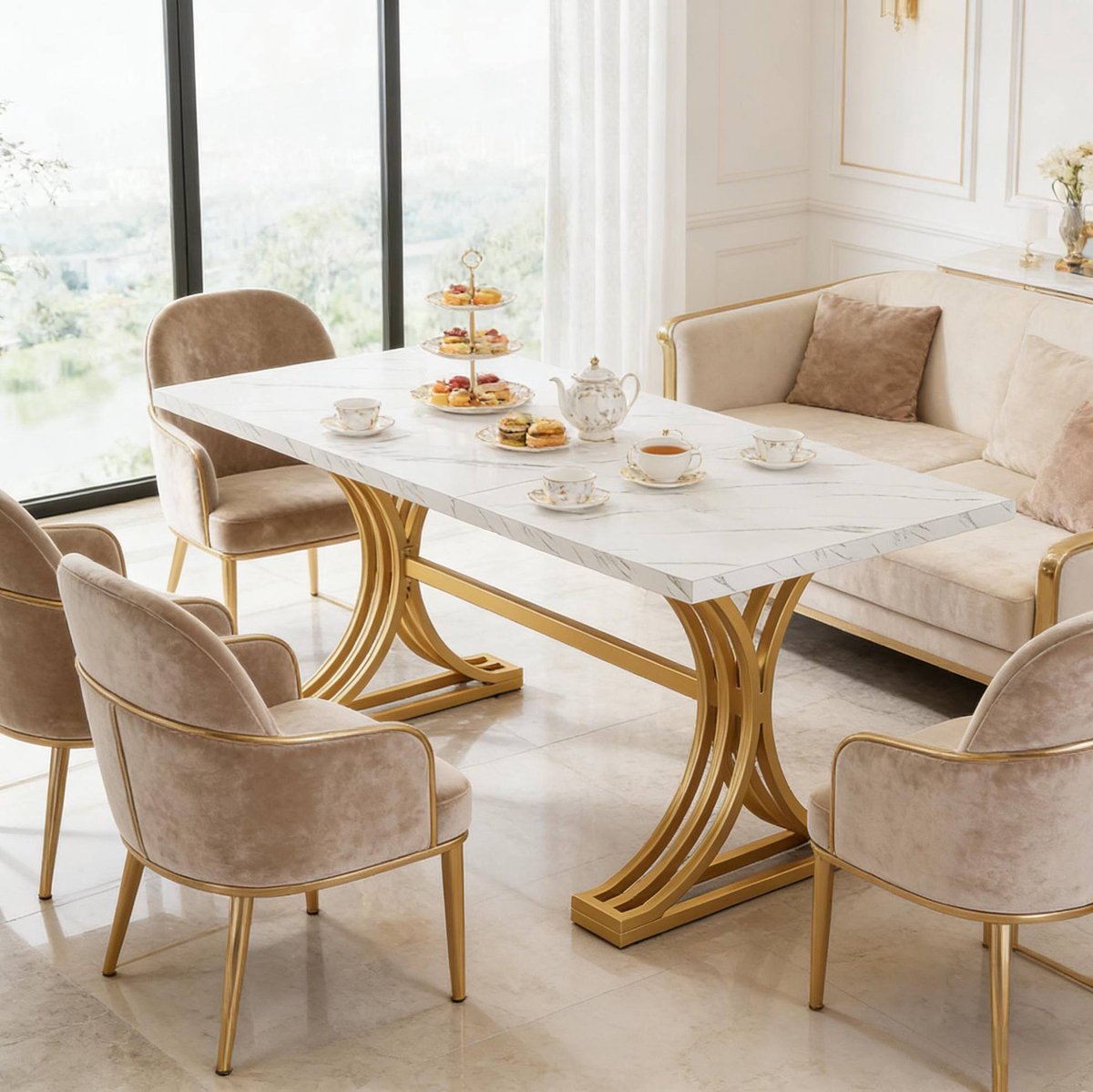 OKWISH Eettafel - Rechthoekige Tafel Met Marmerlook Blad - 160 x 80 x 75 cm - Voor 4 Tot 6 Personen - Metaal Wit Goud