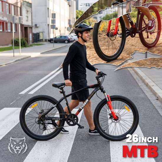 SUN BABY TIGER BIKE Mountainbike 26", MTB-fiets voor jongens en mannen, jeugd fiets 26 inch - stalen frame, 21 versnellingen, schijfremmen, vering - Zwart-Rood van Sun Baby — afbeelding 5