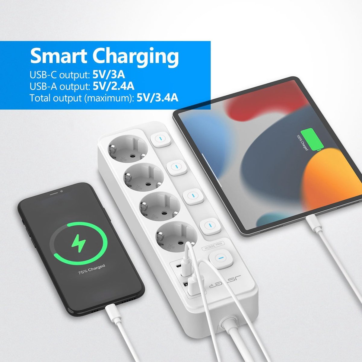 Thijox - Stekkerdoos 4-weg Overspanningsbeveiliging met Individuele Schakelaars, 8-in-1 Meervoudige Stopcontact met 4 USB (2 A en 2 C, 17 W), 2m Kabel