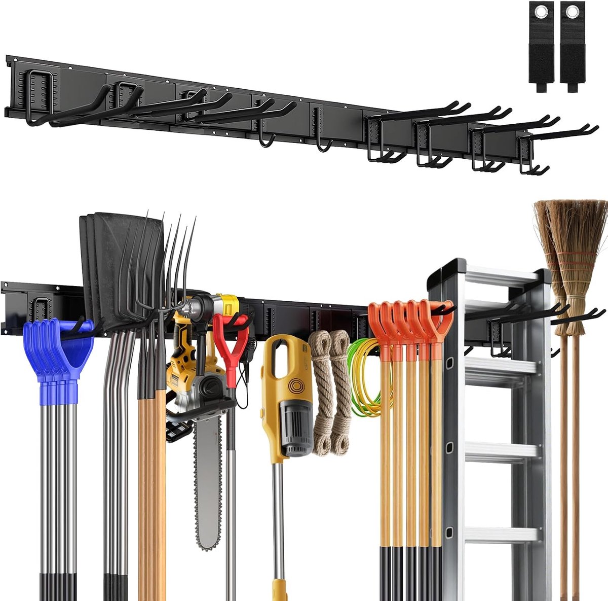Thijox - Garage Tool Management Wandrek 120 cm - Tuingereedschapshouder met 9 Verstelbare Haken voor Bezem, Hark, Skiuitrusting - Zwart, Ideaal voor T