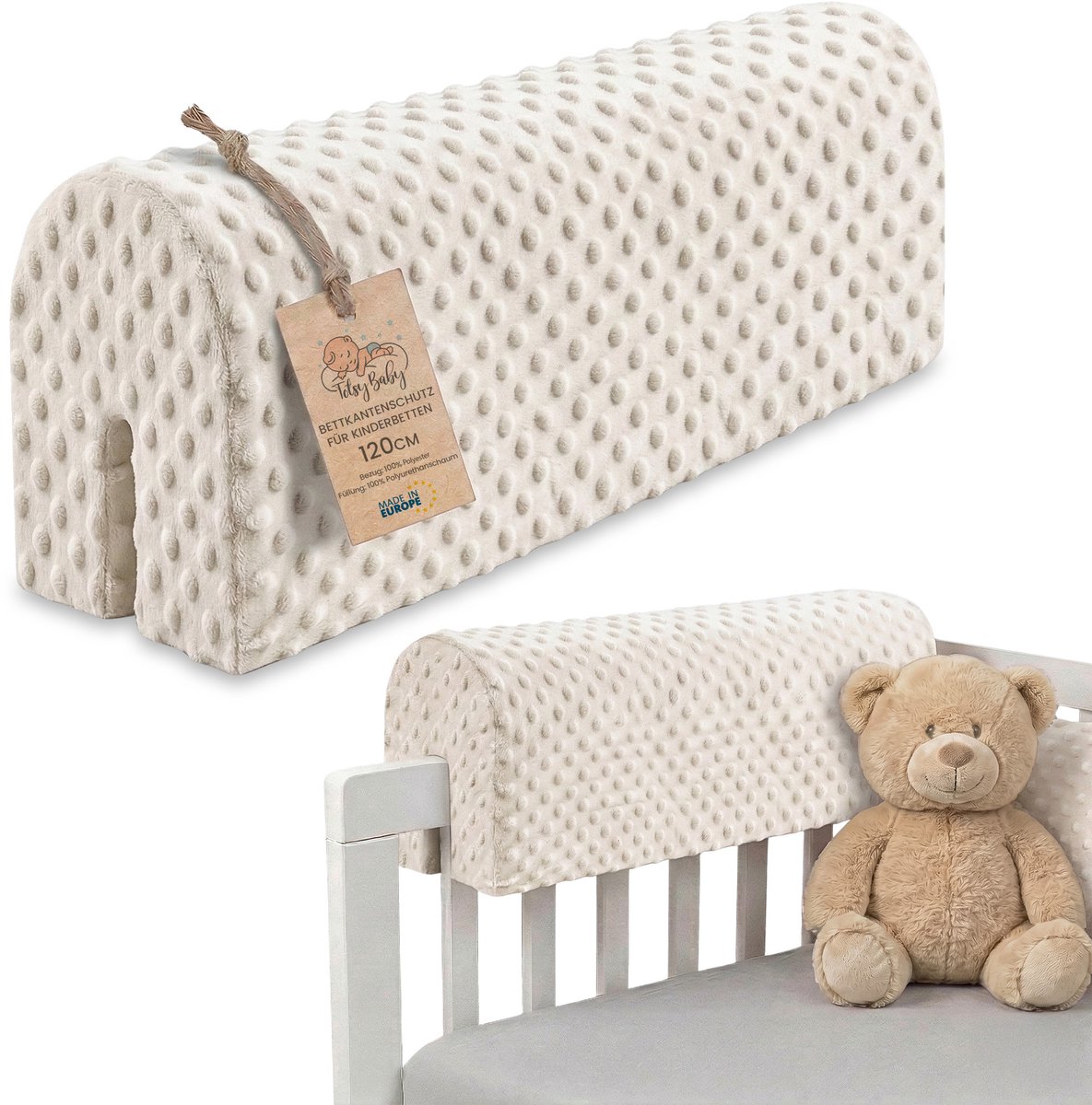 Bedrandbescherming voor kinderbedden 120 cm - bescherming voor bedframe babybed valbescherming voor boxspringbed bedrail met hoesrandbescherming kinderbabybedje Oeko-Tex Lichtbeige