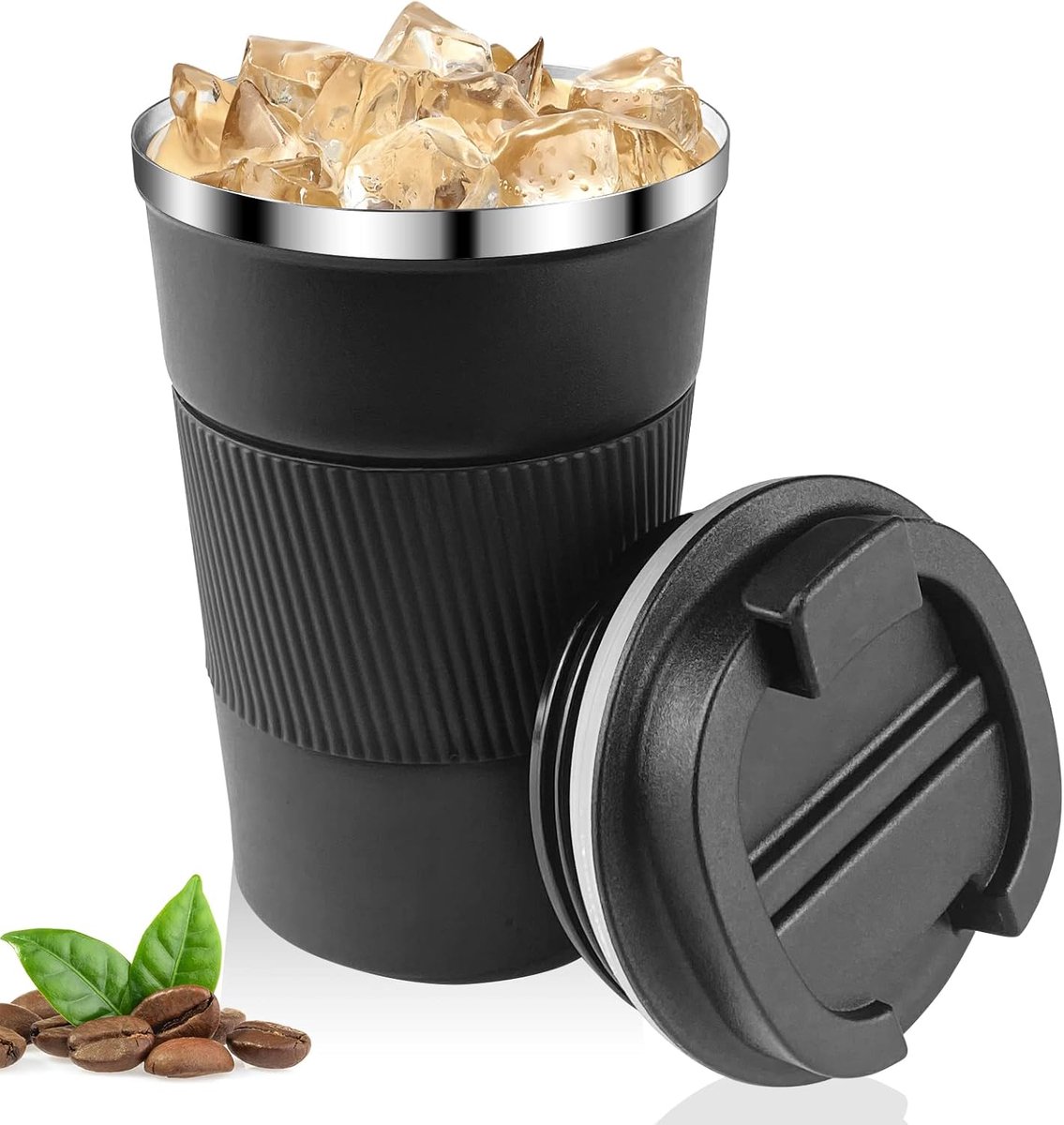 LISM-Geïsoleerde koffiemok van 380 ml, zwart, herbruikbaar, 304 roestvrij staal, automok met deksel (1 stuk)