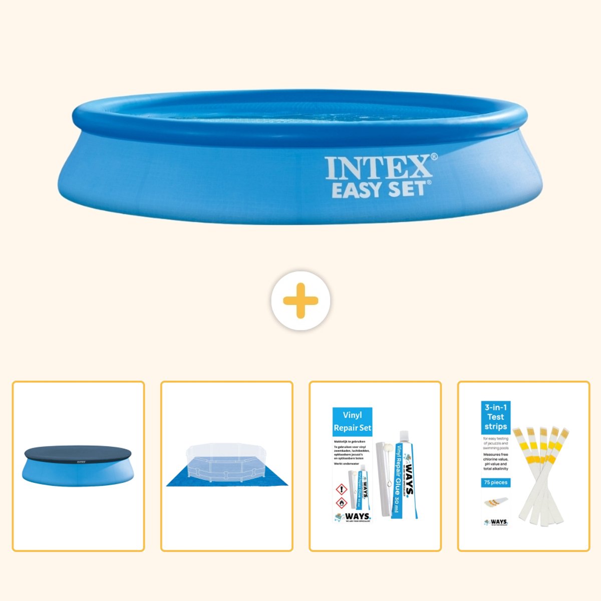 Intex Rond Opblaasbaar Easy Set Zwembad - 305 x 61 cm - Blauw - Inclusief Afdekzeil - Grondzeil - Reparatiesetje - Testrips - 5-delig