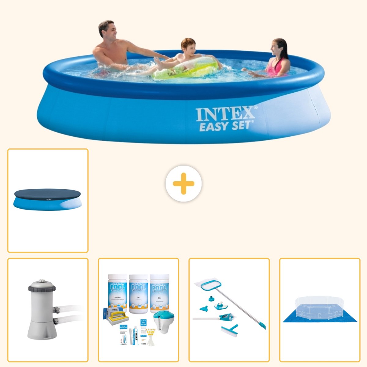 Intex Rond Opblaasbaar Easy Set Zwembad - 366 x 76 cm - Blauw - Inclusief Pomp - Onderhoudspakket - Schoonmaakset - Grondzeil - Afdekzeil - 6-delig