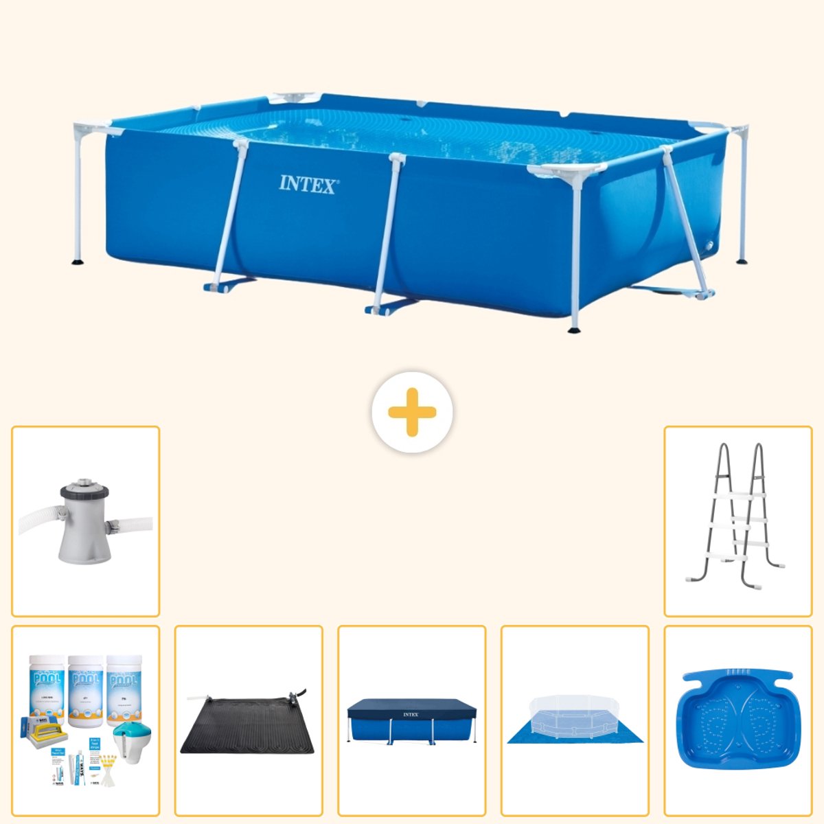 Intex Rechthoekig Frame Zwembad – 260 x 160 x 65 cm – Blauw – Inclusief Onderhoudspakket – Solar Mat – Afdekzeil – Grondzeil – Zwembadfilterpomp – Voetenbad – Ladder – 8-delig