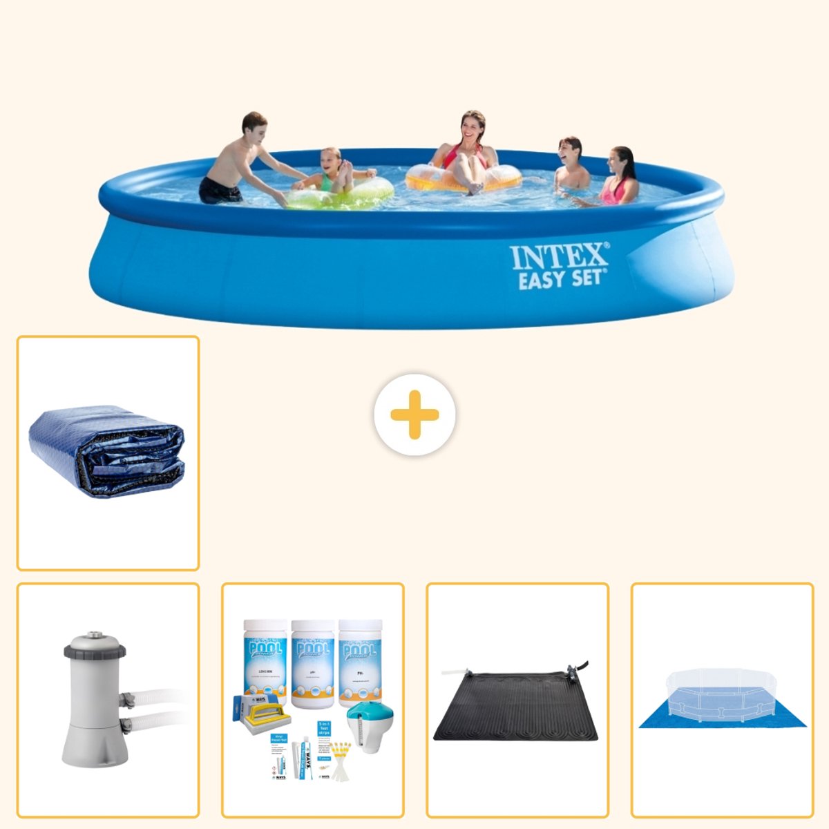 Intex Rond Opblaasbaar Easy Set Zwembad - 457 x 84 cm - Blauw - Inclusief Pomp - Onderhoudspakket - Solar Mat - Grondzeil - Solarzeil - 6-delig