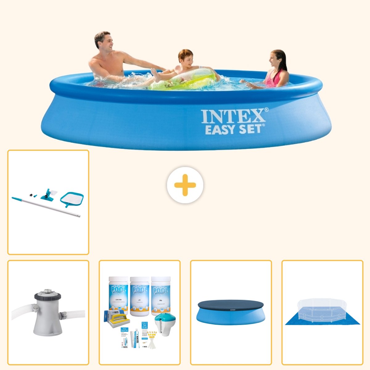 Intex Rond Opblaasbaar Easy Set Zwembad - 305 x 61 cm - Blauw - Inclusief Pomp - Onderhoudspakket - Afdekzeil - Grondzeil - Schoonmaakset - 6-delig