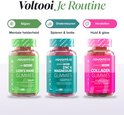 Drie potjes Novomins gummies: Lion's Mane (groen), Zinc & Magnesium (petrol) en Collagen (roze).