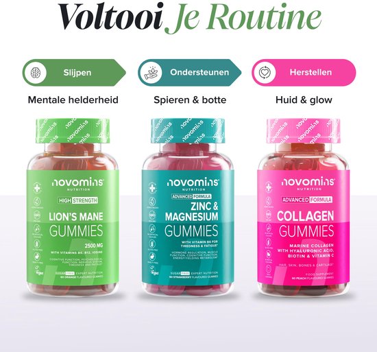 Drie potjes Novomins gummies: Lion's Mane (groen), Zinc & Magnesium (petrol) en Collagen (roze).