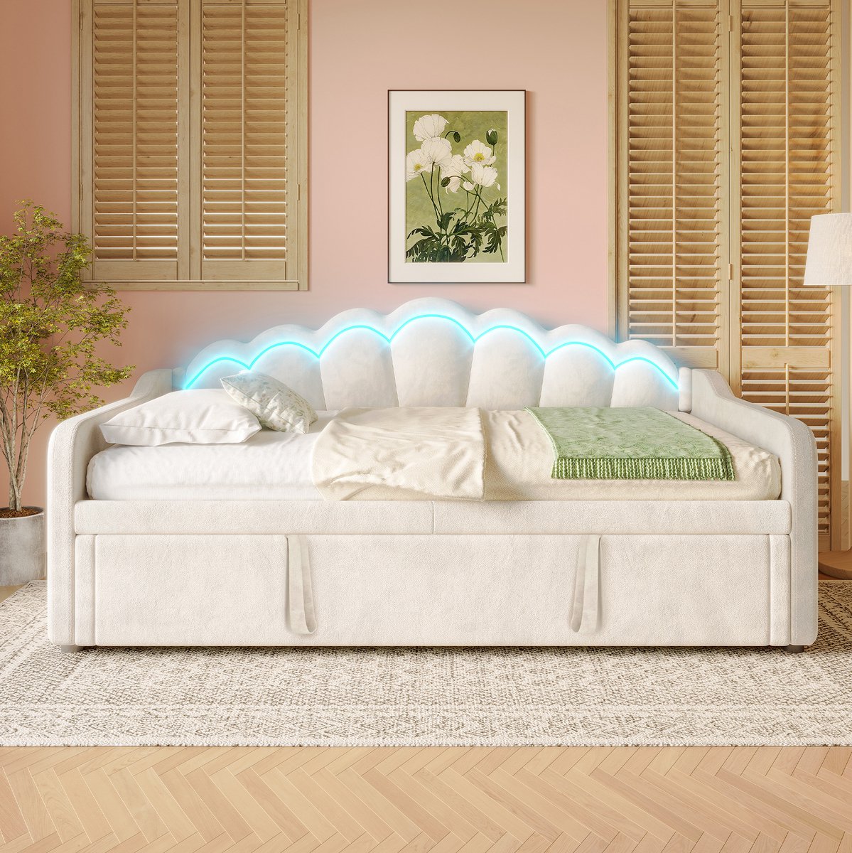 STILVORA Slaapbank 90x200 cm – Uitschuifbaar Tot 180x200 cm – Met LED-Verlichting – Zonder Matras – Voor Slaap Of Logeerkamer – Fluweel En MDF – Beige