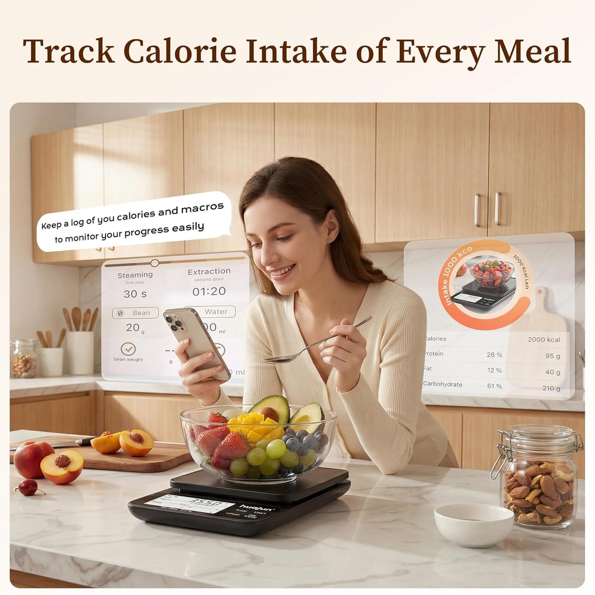 Thijox - Digitale Keukenweegschaal met Voedingswaardeberekening, 5 kg/0,1 g Bluetooth, Calorieënteller, Smart Scale App, 30 Voedingsstoffen, LCD-Displ