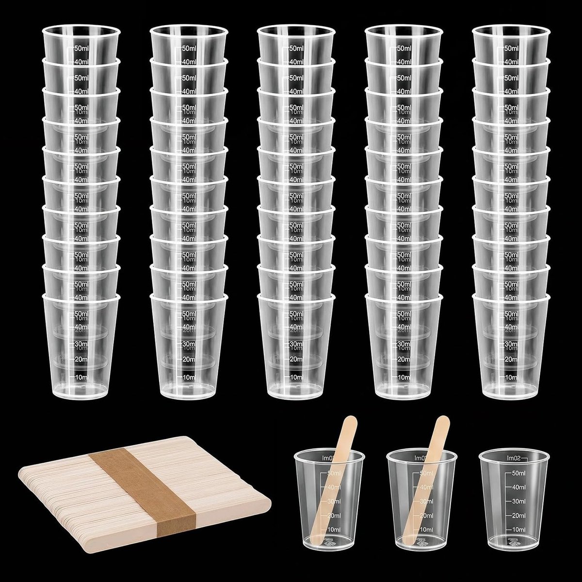 Thijox - 50 Stuks Kleine Maatbekers 50 ml - Doorzichtige Kunststof Mengbeker met Schaal en Houten Stokjes - Perfect voor Epoxyhars, Vloeistoffen, Keuk
