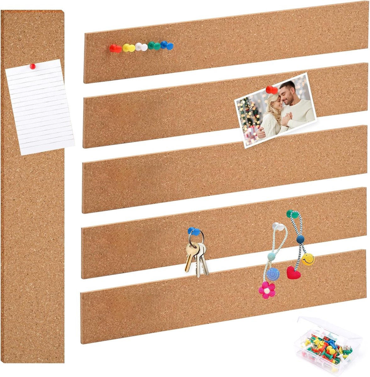 SnelShoppen - 6 Stuks Cork Board Strips met Strepen, Kleine Pin Boards 30cm x 5cm, Zelfklevende Kurkborden voor Foto's, Memos en Notities, Inclusief 5