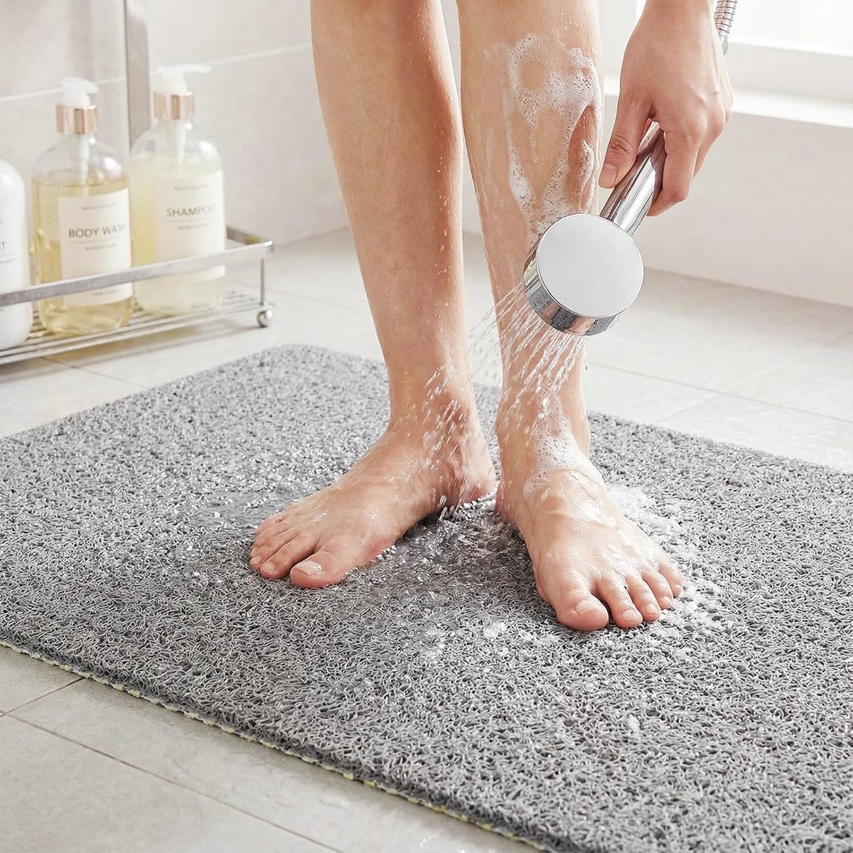 Thijox - Douchemat Antislip Antischimmel met Loofah Textuur, Zachte PVC Sneldrogende Badmat 50x80cm Grijs voor Binnendouche en Badkamer
