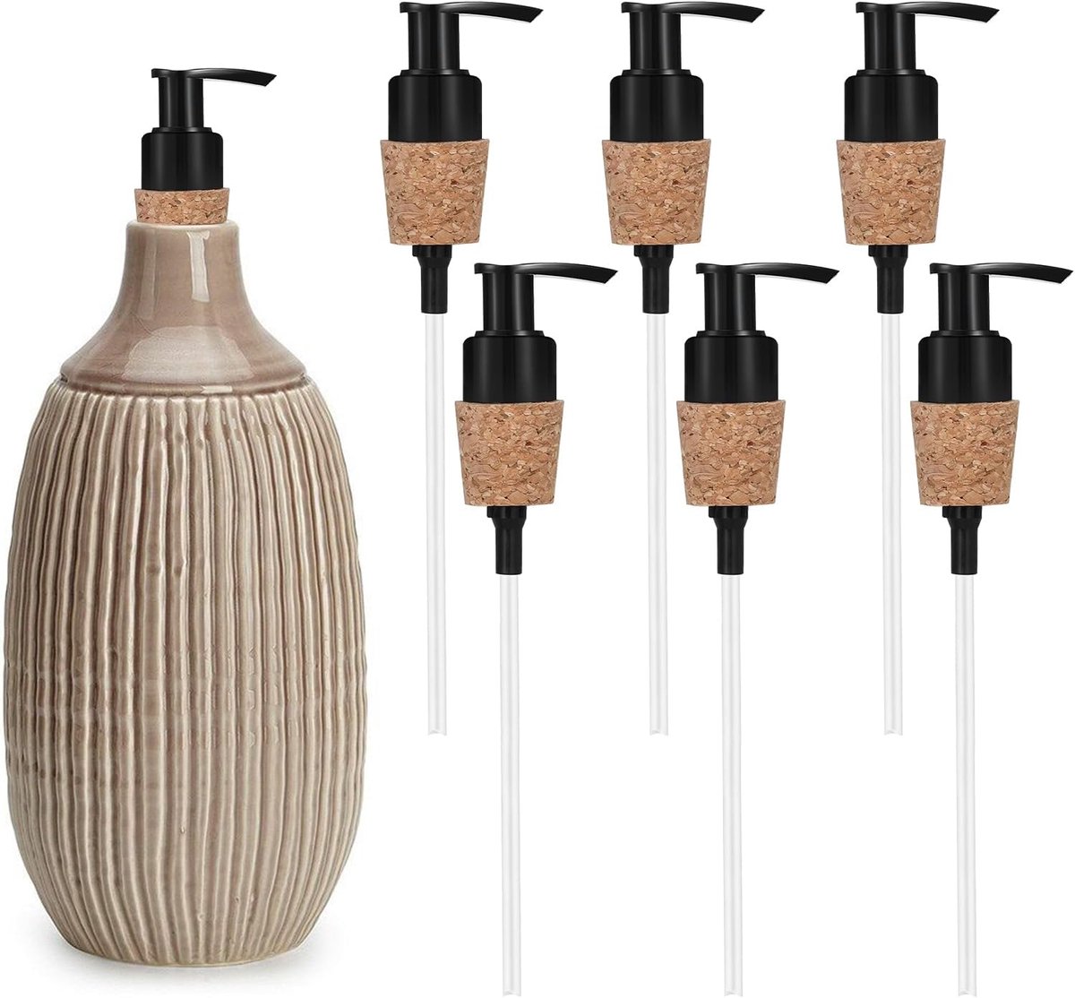 Thijox - 6 Stuks Zeepdispenserpompen met Glasdeksel, Duurzame en Stijlvolle Oplossing voor Keuken en Badkamer, Makkelijk Vervangbaar, Zwart Kunststof