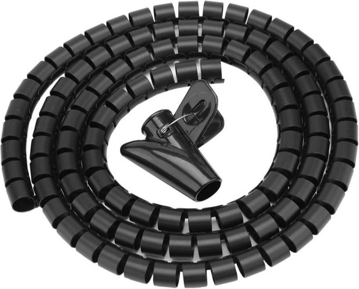 Kabelslang - Kabelspiraal - Cable sleeve - Kabelorganizer - Snoeren ordenen - Kabels geleiden - Met kabelgeleider - Op maat te knippen - 2 meter - 1,6cm diameter - Zwart - Jonyx