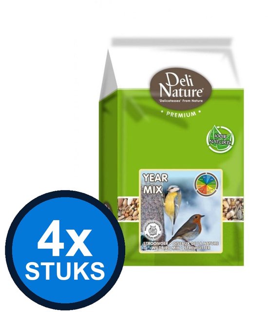 Deli Nature Premium Year Mix strooivoer verpakking met afbeelding van vogels en zaden.