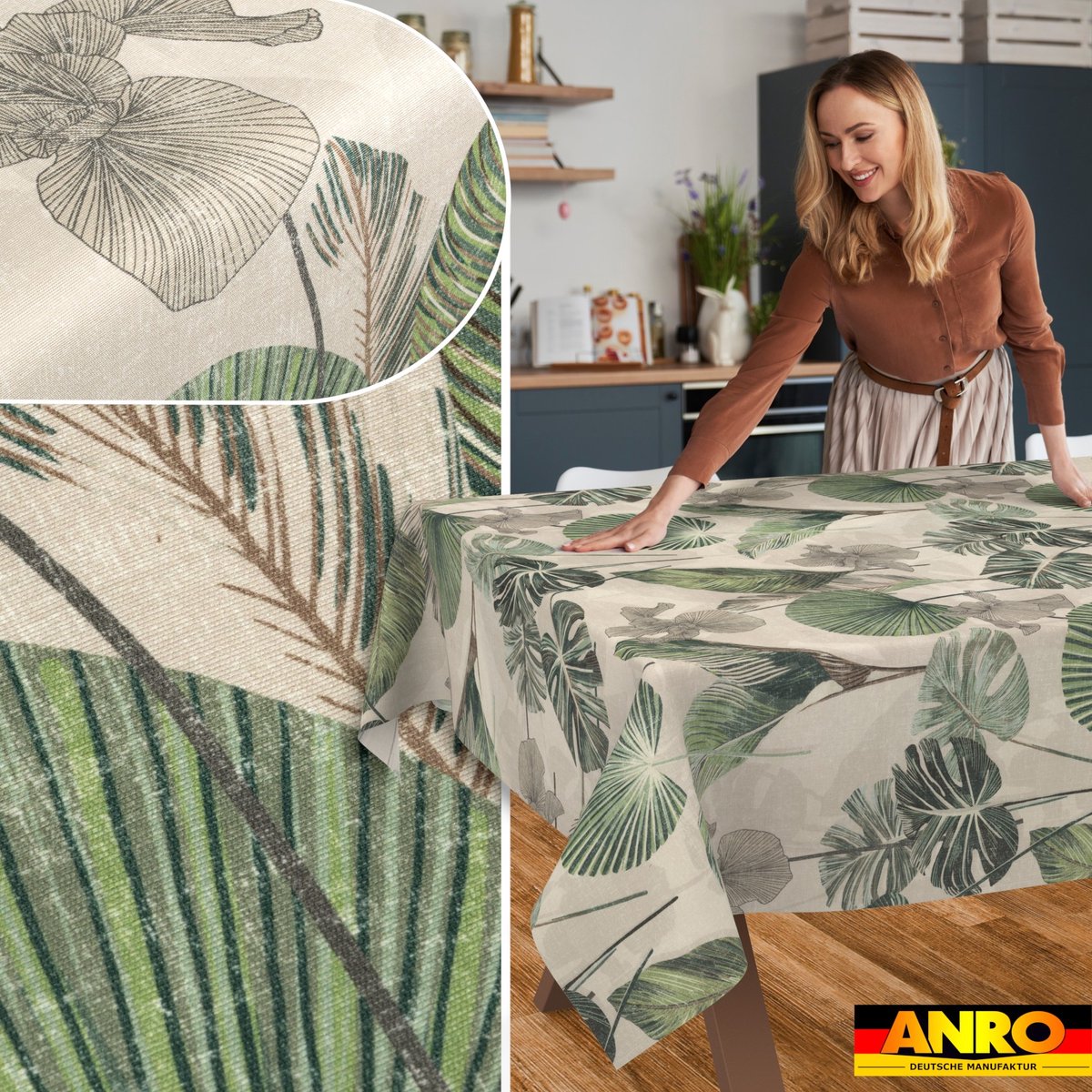 ANRO Tafelkleed Bloemenornamenten Beige 140cm x 5m Rechte rand Afwasbaar Waterafstotend