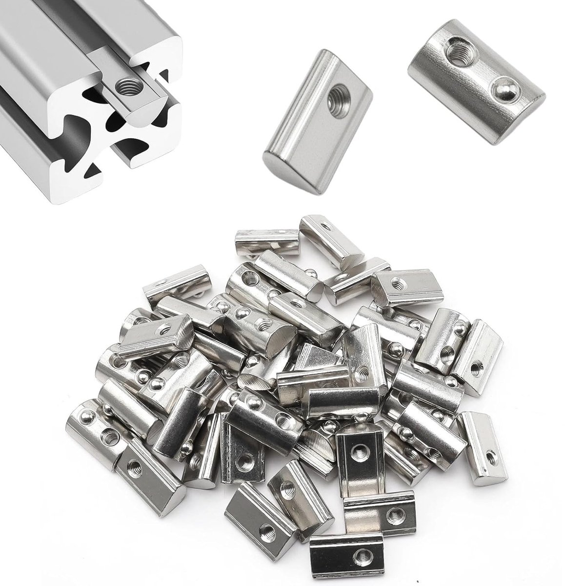 50 stuks M5 T-moeren met veer, koolstofstaal, voor aluminium profielen en groefbreedte 10 mm, ideaal voor constructies en bevestigingen