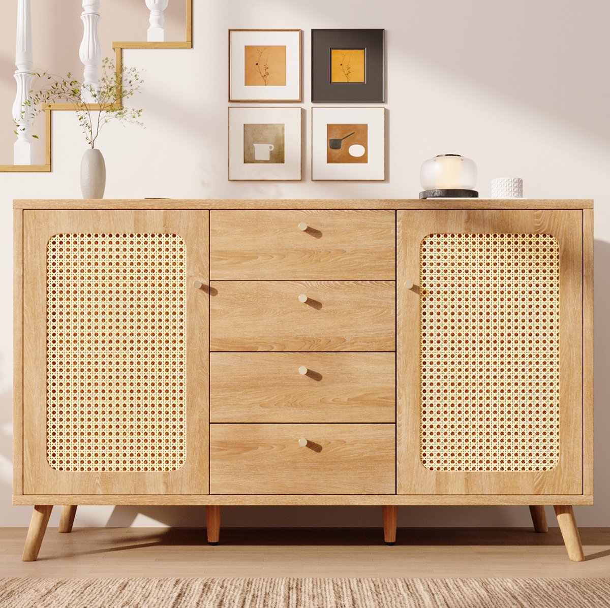 COVREO dressoir 140 x 40 x 86 cm - 4 lades, 2 deuren, verstelbare planken, lichte eik
