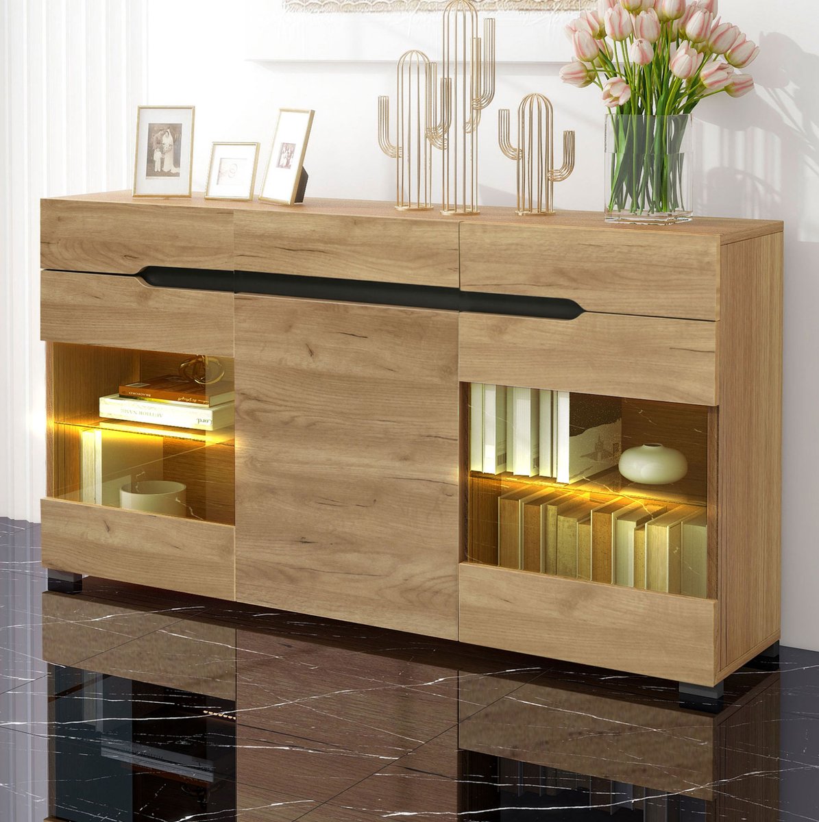 COVREO dressoir 140 x 35 x 80 cm - eikenkleur, met LED, 3 lades en opbergruimte