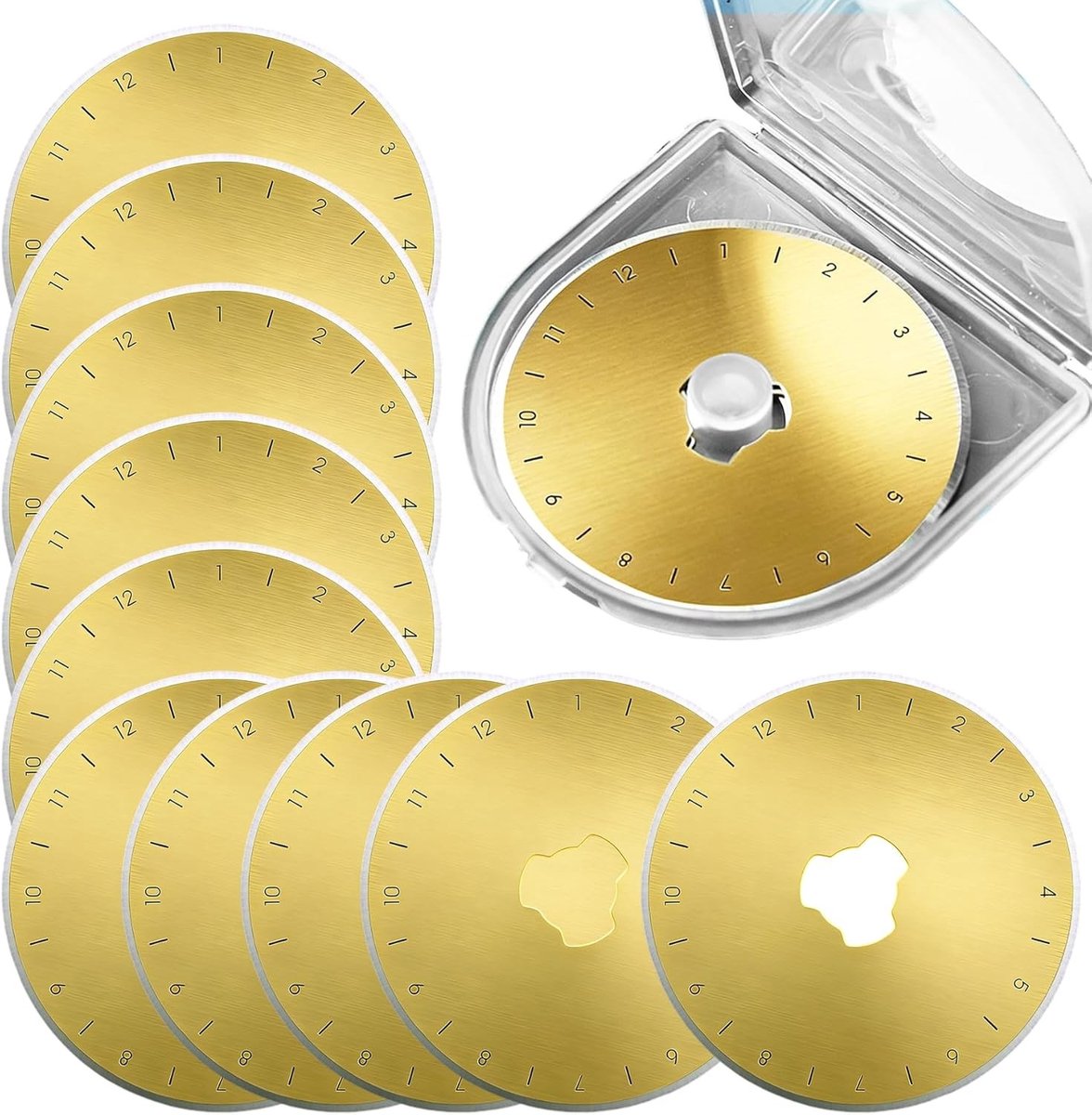 Set van 10 ronde reservemessen van 45 mm voor rolsnijder, ideaal voor stof, papier, quilten en knutselen, inclusief handige opbergdoos en schaalverdeling