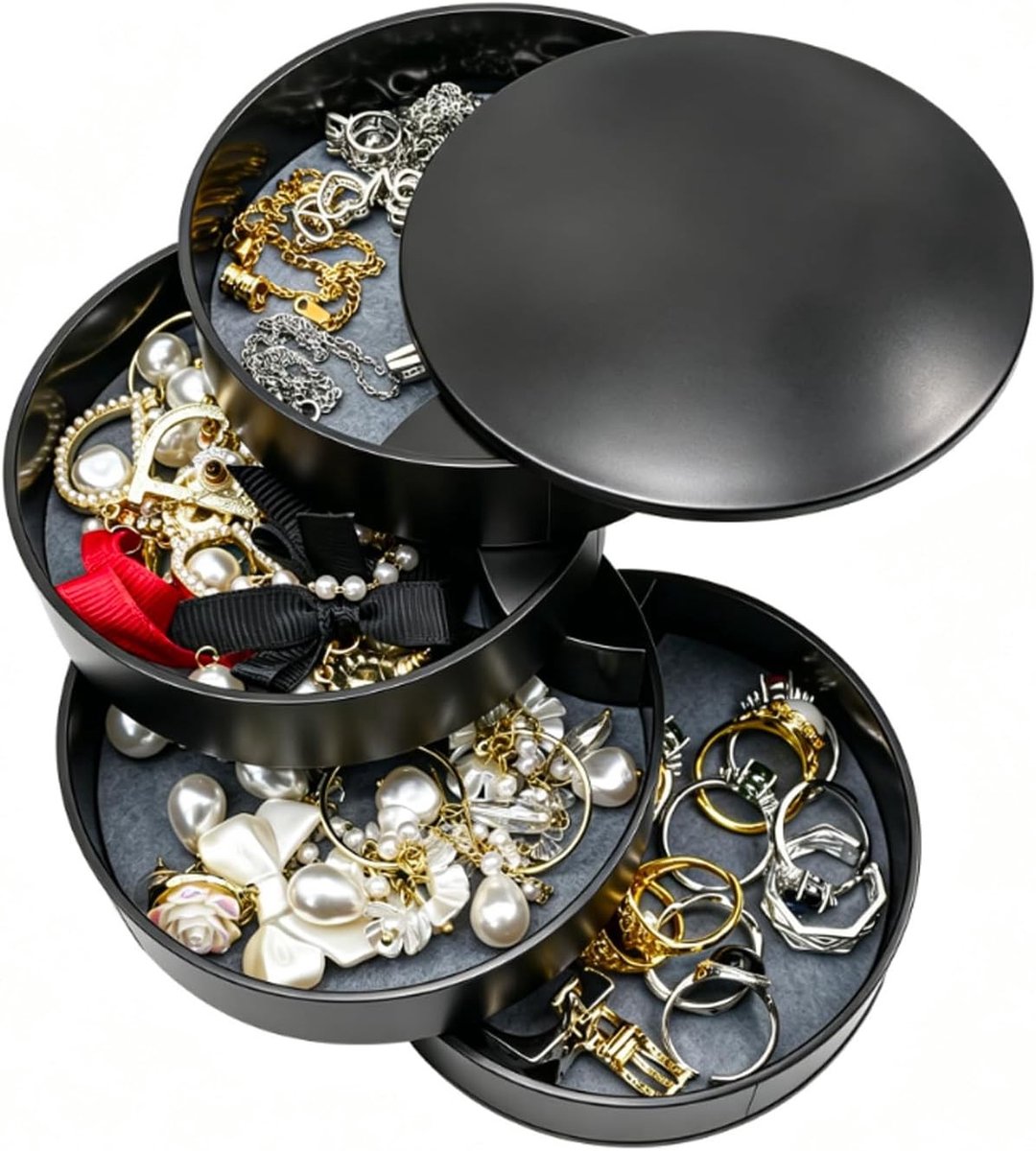 4-laags roterende sieradenorganizer voor vrouwen, compacte doos voor oorbellen, armbanden en kettingen met deksel voor optimale opslag en organisatie