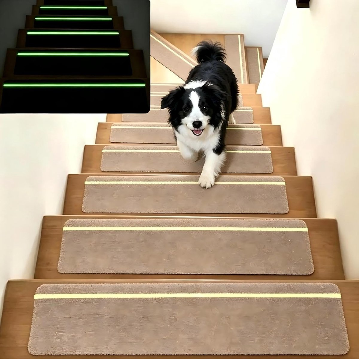 Trapmatten 15 stuks, 76 cm x 20 cm, zelfklevend traptapijt met lichtgevende strepen, waterdicht en slipbestendig voor ouderen, kinderen en huisdieren (beige)