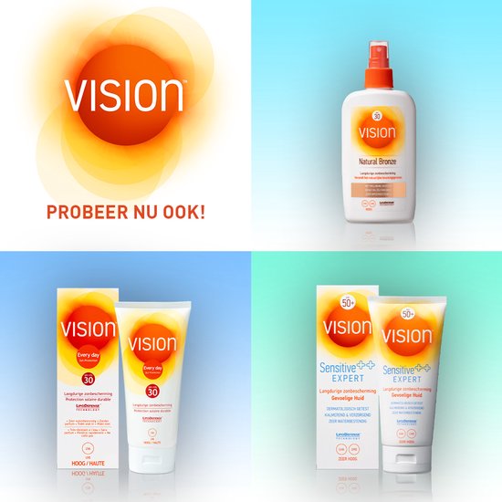 Vision zonnebrandcrème met SPF 30, Natural Bronze spray en 'Every Day' & 'Sensitive Expert' tubes.