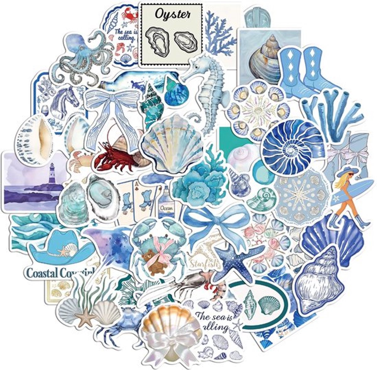 Oceaanstickers 50 Stuks - Waterbestendige Dierenstickers - Zelfklevende Onderwaterstickers - Grappige Zeedieren - PVC Materiaal - Blauw