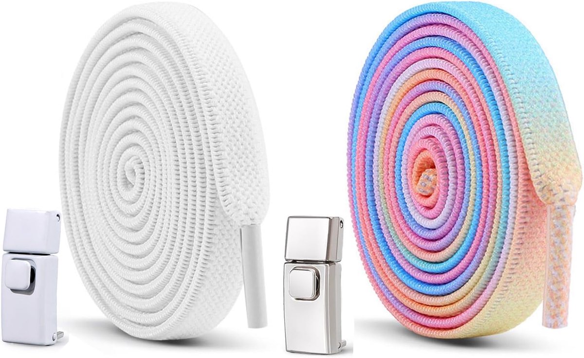Veters zonder strikken 100 cm - elastische regenboog en witte veters - voor kinderen, meisjes en vrouwen - ShopVlot