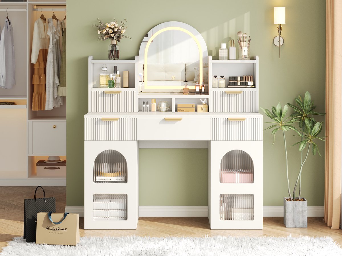 Make-up Tafel 120 cm Met LED Spiegel En Opbergruimte - 3 Laden En 2 Glazen Kastjes Wit